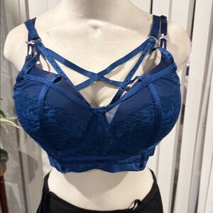 Strappy Lace Longline Bra in Deep Blue